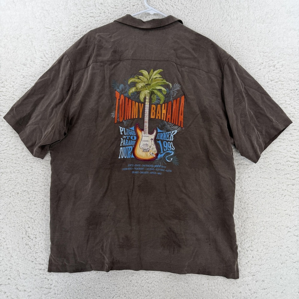 Tommy Bahama Mens XL Brown Hawaiian Tour 1993 Short Sleeve Silk Guitar Shirt